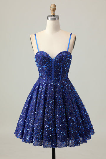 Sparkly Dark Blue A Line Corset Sequins Homecoming Dress